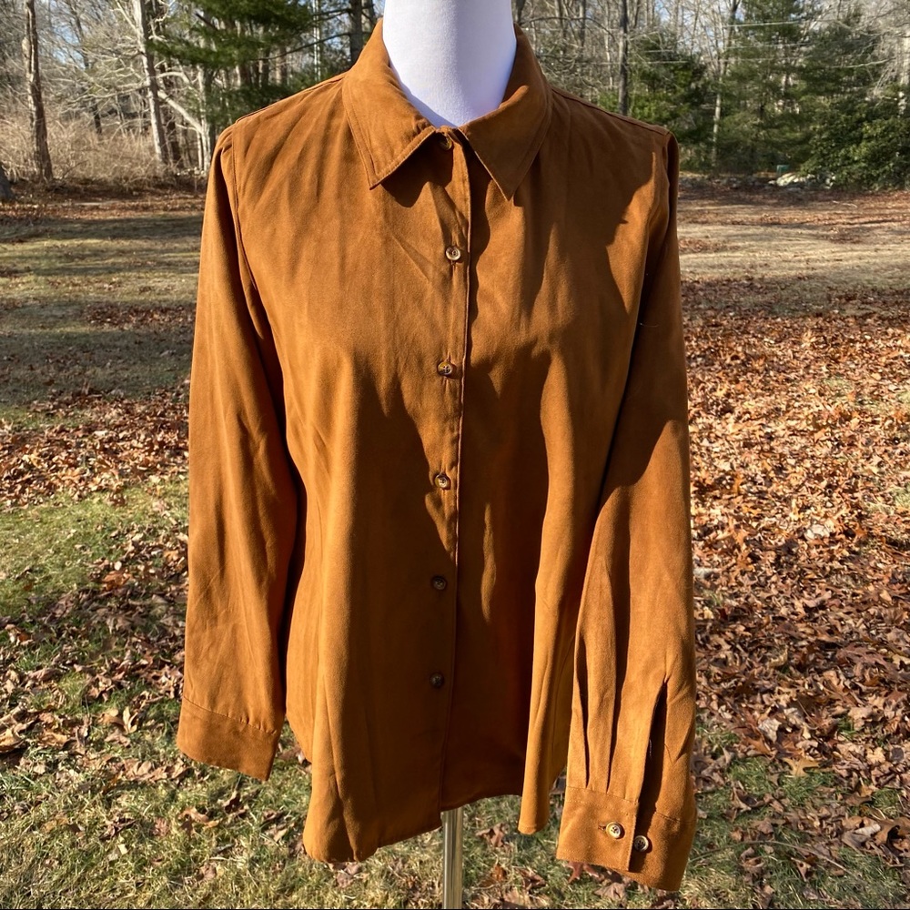 ORVIS TOP BUTTON DOWN SHACKET BROWN FAUX SUEDE SIZE M